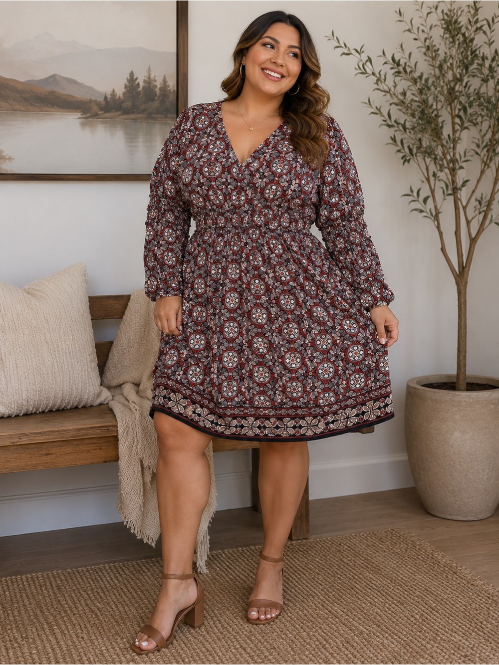 Max Edition Red Floral Geometric Long Sleeve Dress - Size XL